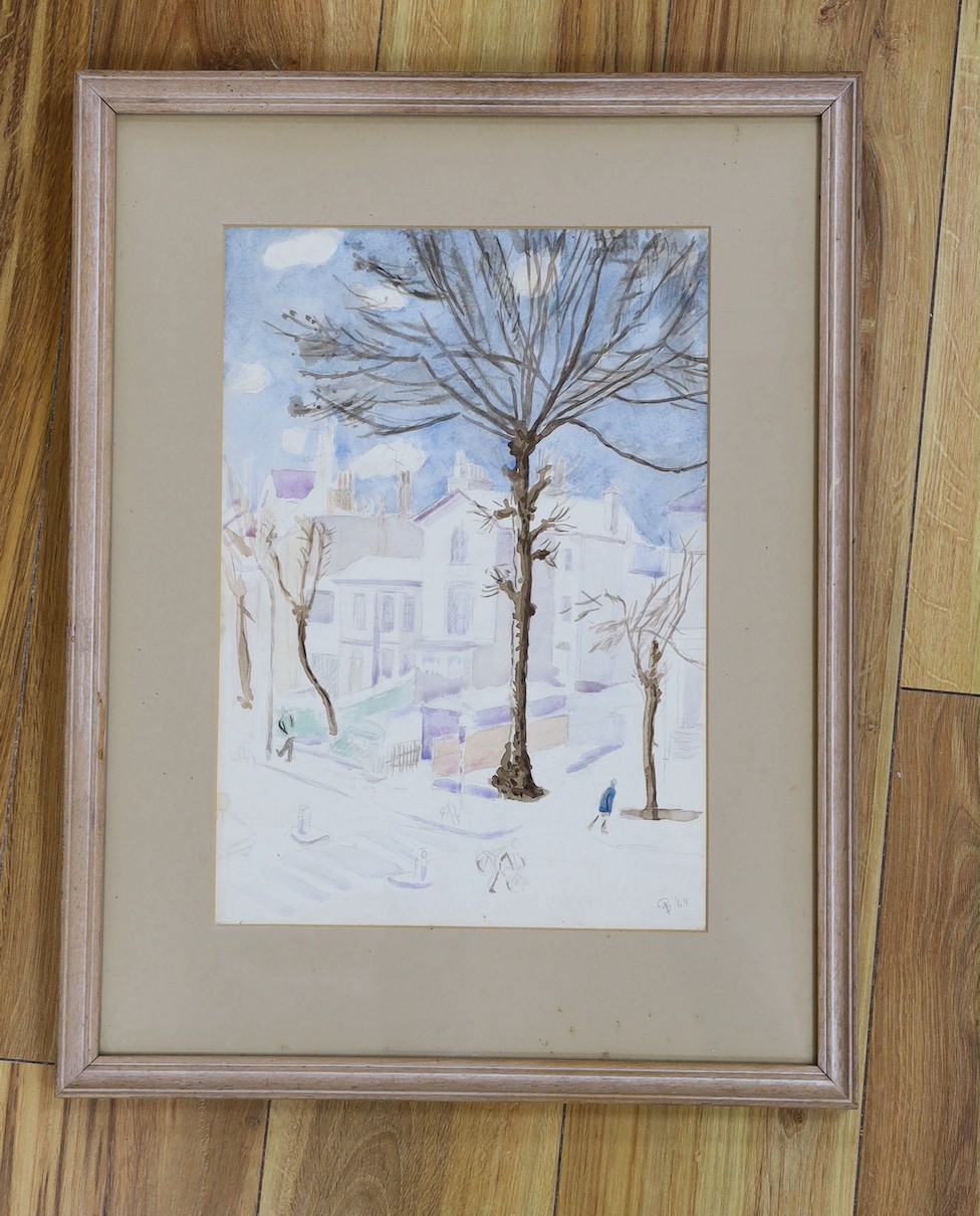 Pauline Sitwell, 20th century, watercolour, 'Snow in Bayswater', signed, 38 x 26cm